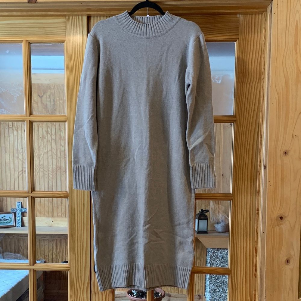 Women's Tan Cream Relaxed Fit Ribbed Long Sleeve Sweater Midi Dress XL
